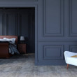 Interior de dormitorio de lujo en diseño clásico moderno con sillón y espacio de copia en la pared vacía, 3D Rendering